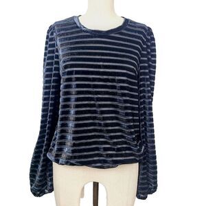Heartloom Top S Black Velvet Mesh‎ Stripe Semi Sheer Long Sleeve Pullover Blouse